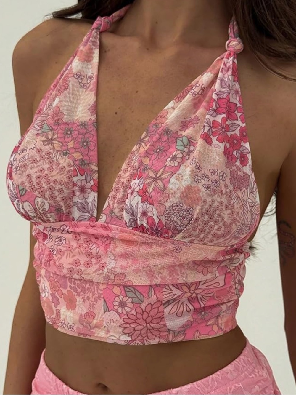 Chic Nation Pink Floral Halter Crop Top